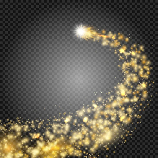 Cometa luminosa con grande polvere. Stella cadente. Effetto davvero trasparente. Effetto luce. Luci d'oro. Illustrazione vettoriale — Vettoriale Stock