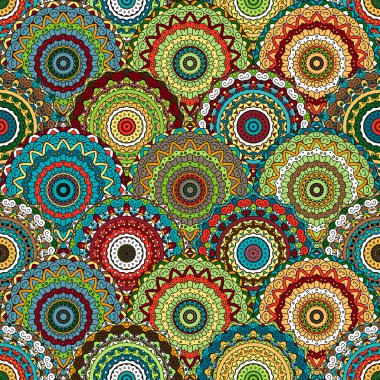Vektör boho şık çiçek dikişsiz desen. Duvar kağıdı, hediye kağıdı, kumaş baskı, mobilya, perde için zarif çiçek arka plan. Mandala tasarım elemanı. Sıradışı flourish süs. Mavi, yeşil, sarı