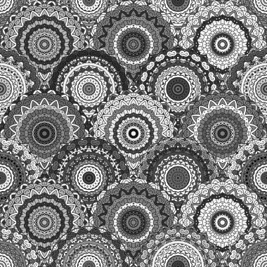 Dikişsiz renkli desen. Oryantal tarzı. Kumaş veya duvar kağıdı dokusu. Etnik Mandala formları. İslam, Arap, Hint motifleri. Soyut Kabile vektörü. Çiçek arka plan. Yaratıcı unsurlar. Monokrom.