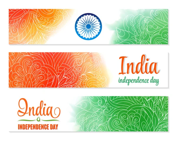 Set of watercolor banners Indian Flag for Independence Day. 15th august lettering with Ashoka Wheel. — Stock Vector