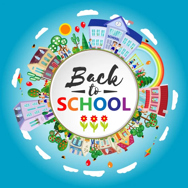 Dekorative Kinder zurück zur Schule rundes Emblem Plakat. flach. Vektorillustration — Stockvektor