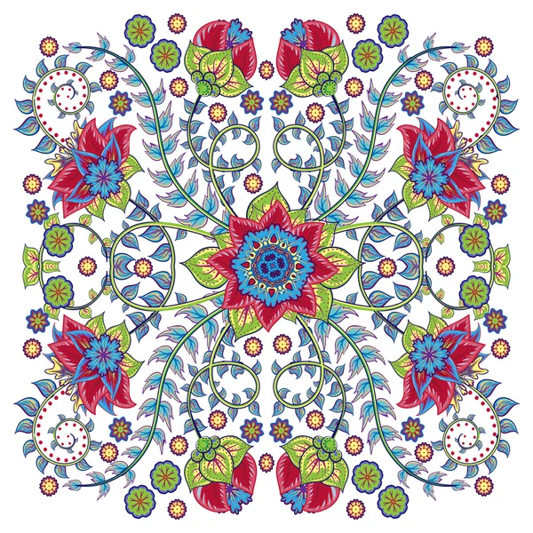 Colorato ornamentale floreale paisley scialle, bandana, cuscino, sciarpa. Modello quadrato — Vettoriale Stock