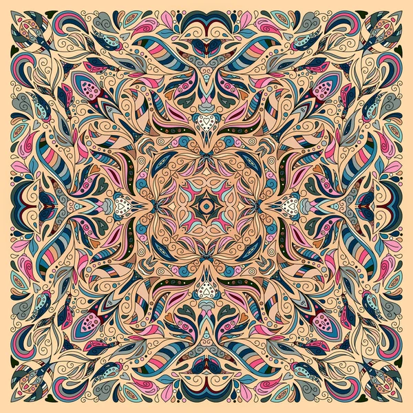 Adorno vectorial floral Bandana Print, bufanda de cuello de seda o patrón cuadrado de pañuelo estilo de diseño para tela. Arte de la ropa . — Archivo Imágenes Vectoriales