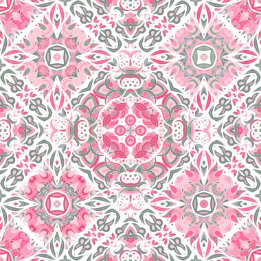 Lüks oryantal kiremit seamless modeli. Renkli çiçek patchwork arka plan. Mandala boho chic tarzı. Zengin çiçek süsleme. Altıgen tasarım öğeleri. Portekiz Fas motif. Olağandışı güzelleşmek yazdırma.