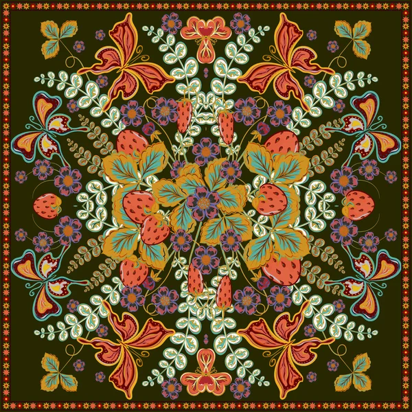 Fondo floral de color decorativo, patrón de fresa y marco de encaje adornado. Estampado de tela de chal Bandanna, bufanda de cuello de seda, diseño de pañuelo, ilustración vectorial. Decoración redonda étnica tribal — Vector de stock