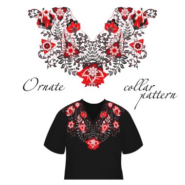 Yaka gömlek, bluz için vektör tasarımı. Renkli etnik çiçekler boyun.