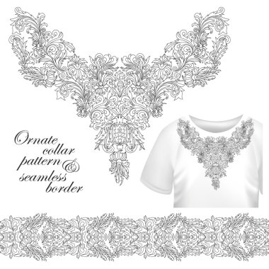 Yaka nakış moda, baskı, dekor, dantel, paisley, stok vektör. Lüks çiçekler yaka designe