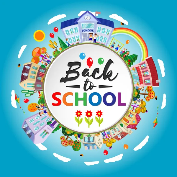 Back to school round banner. Circle frame with children, going to school. Flat style. Vector illustration. — Stock Vector