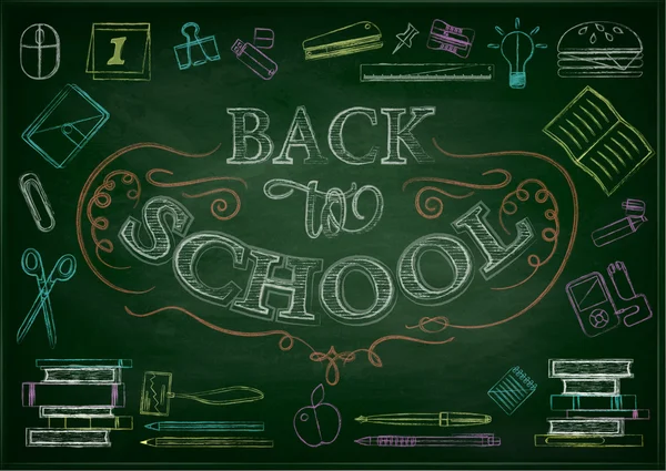Bem-vindo de volta ao fundo tipográfico da escola em Chalkboard com elementos de ícone da escola — Vetor de Stock