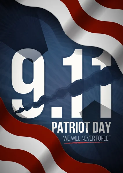 Nunca olvidaremos. 9 11 Patriot Fondo del día, fondo de rayas de bandera americana. Patriot Day 11 de septiembre de 2001 Plantilla de póster, nunca olvidaremos, ilustración vectorial para el Día del Patriota — Vector de stock