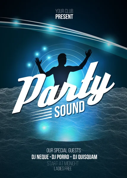 Night Disco Party Poster Background Template Vector Illustration (dalam bahasa Inggris). Siluet seorang DJ - Stok Vektor