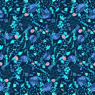 Vektör Denim çiçek dikişsiz desen. Gül çiçekleri ile Jeans arka plan. Mavi kot kumaş arka plan