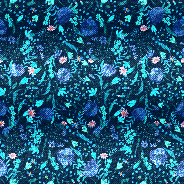 Vector Denim patrón floral sin costuras. Fondo vaqueros con flores de Rose. Fondo de tela vaqueros azules — Archivo Imágenes Vectoriales