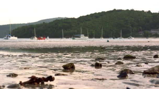 Spiaggia sabbiosa a tempo di riflusso con onde marine che riflettono la luce del tramonto. Yacht sullo sfondo. 4K — Video Stock