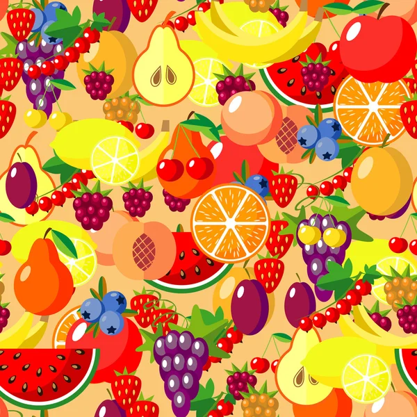 Lapos gyümölcsök varrat nélküli mintát. Vektor illusztrációk görögdinnye, banán, cseresznye, alma, eper, málna, szeder, narancs, kiwi fruit, körte, webes, nyomdai és textil — Stock Vector