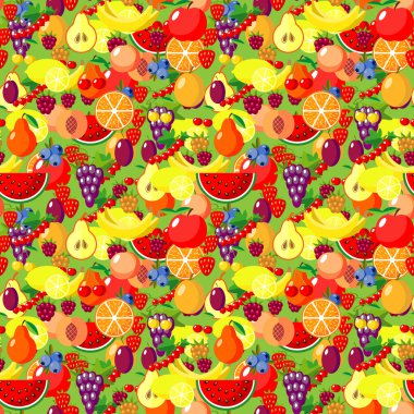 Düz meyve seamless modeli. Karpuz, muz, kiraz, elma, çilek, ahududu, böğürtlen, portakal, kivi, web, baskı için armut ve tekstil vektör çizimleri