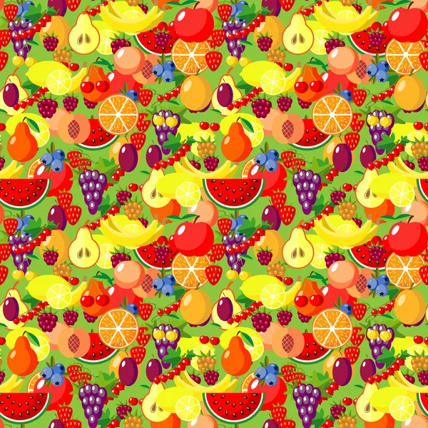 Flache Früchte nahtlose Muster. Vektorillustrationen von Wassermelone, Banane, Kirsche, Apfel, Erdbeere, Himbeere, Brombeere, Orange, Kiwi, Birne für Web, Print und Textil — Stockvektor