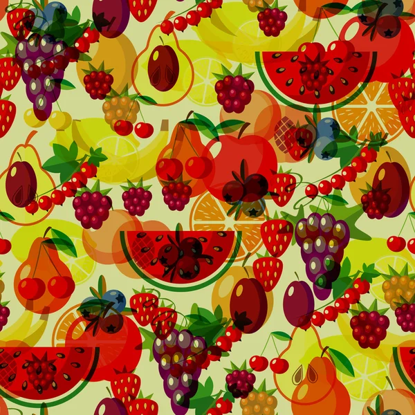 Frutas planas patrón sin costuras. Vector Ilustraciones de sandía, plátano, cereza, manzana, fresas, frambuesas, moras, naranja, kiwi, pera para web, estampado y textil — Vector de stock