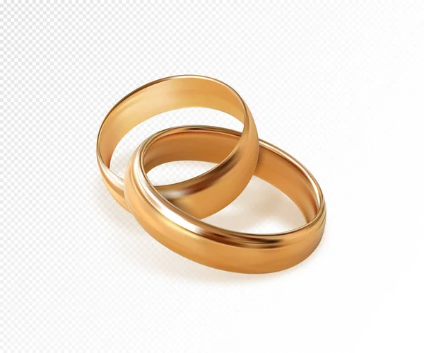 Dos anillos de boda de oro entrelazados sobre fondo transparente. Calidad vector realista, ilustración 3d — Vector de stock