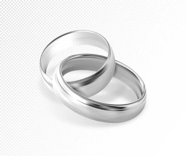 Dos anillos de boda de plata o platino entrelazados sobre fondo transparente. Calidad vector realista, ilustración 3d — Vector de stock