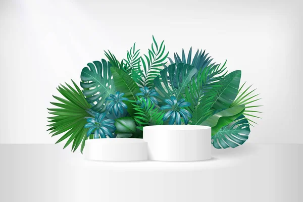 Podio 3D con hojas de palma tropical sobre fondo blanco. Selva exótica composición vegetal verde para la promoción de productos. Plataforma de soporte de tubo para banner de marca. Ilustración vectorial realista — Vector de stock