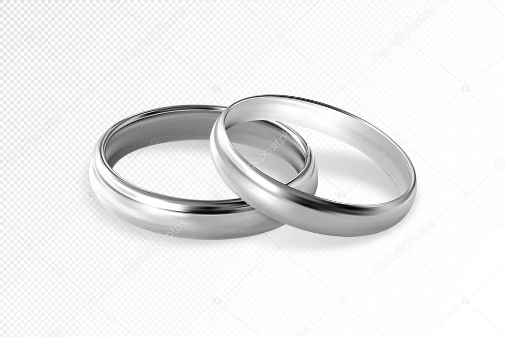 Two silver or platinum wedding rings on transparent background. Quality realistic vector, 3d illustration