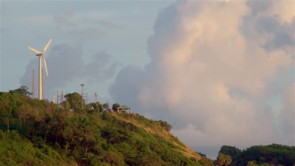 Ein Einsamer Windkraftgenerator Der Auf Einem Berg Einem Baumdickicht Vor — Stockvideo