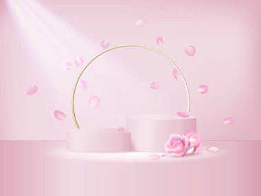 A soft pink double podium with a gold round frame and white feathers. Realistic vector background, 3d illustration. 3D Sample escenary for product advertising with roses and petals clipart
