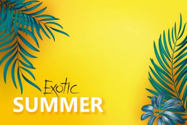 Sarı zemin üzerinde düz mavi palmiye dalları, üst görünüm, kopyalama alanı, geniş kompozisyon. Yaz tatili, seyahat veya moda konsepti. Vektör