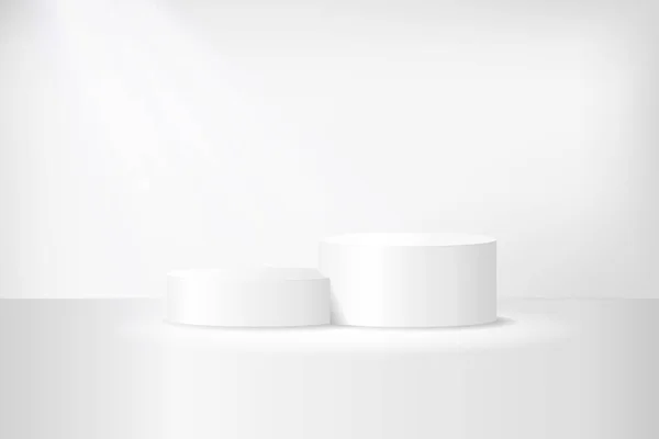 Modèle blanc 3d podium en forme de cercle. Scène vide ou maquette de piédestal éclairée par un projecteur. Podium ou plateforme pour la cérémonie de remise des prix et la présentation des produits. Vecteur — Image vectorielle