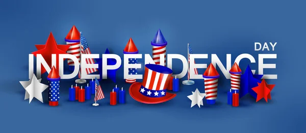 Ημέρα ανεξαρτησίας φόντο με ειδικά αντικείμενα. 4η Ιουλίου οριζόντια bunner. 3D ρεαλιστική διανυσματική απεικόνιση — Διανυσματικό Αρχείο