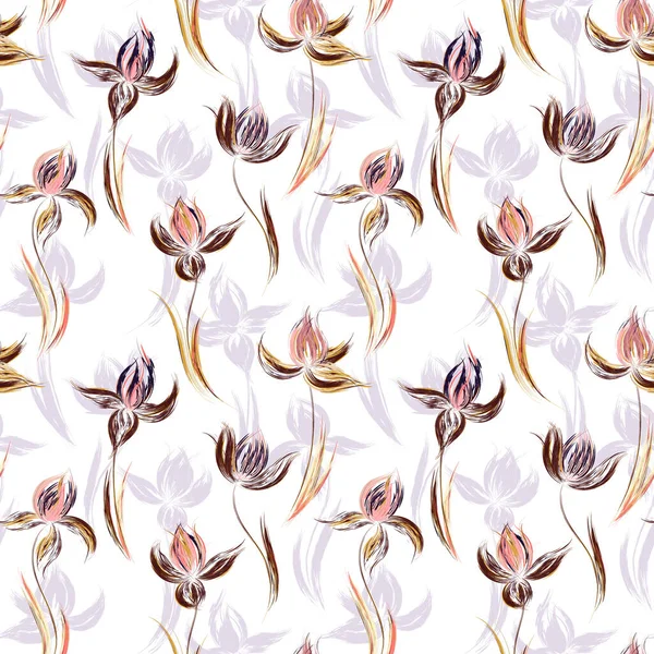 Floral απρόσκοπτη μοτίβο των ίριδων. Irises ζωγραφισμένα απομίμηση της ελαιογραφίας. Δημιουργική εκτέλεση ανθοστολισμού. Καφέ πασχαλιές λουλούδια σε λευκό φόντο — Διανυσματικό Αρχείο