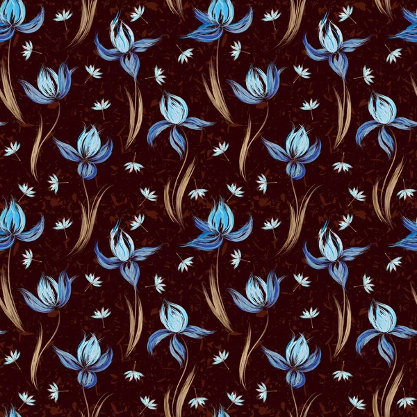 Blommig sömlös mönster av iris och maskrosfrön. Iriser målade imitation av oljefärg. Kreativ utförande av blommig prydnad. Blå blommor på en brun bakgrund — Stock vektor