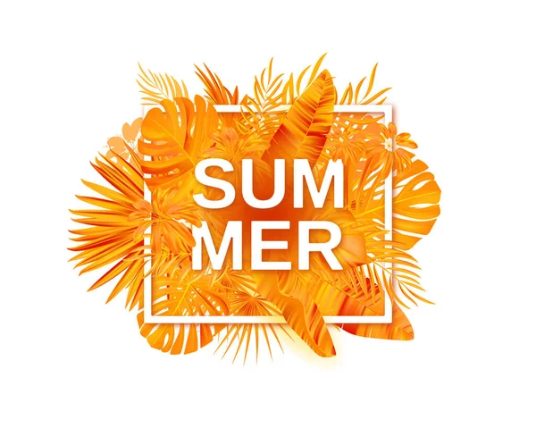 Sommar tropisk vektor design för banner eller flygblad med exotiska palmblad, hibiskus blommor och handtag. — Stock vektor