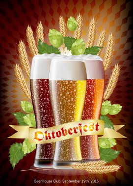 Oktoberfest vektör Poster arka plan ayı bardak, buğday, atlama ve geleneksel Münih arka plan ile. EPS 10