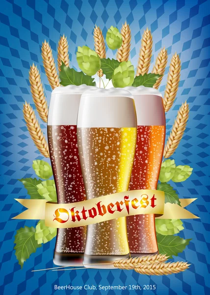 Affiche vectorielle Oktoberfest avec verres d'ours, oreilles de blé, houblon et fond traditionnel de Munich. SPE 10 — Image vectorielle