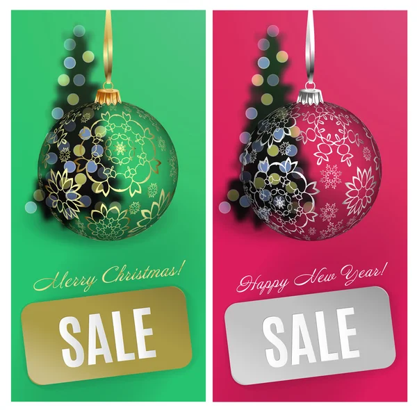 Vector Christmas card set sale background with ball, stripe, blurred christmas tree. Vector EPS10 — 图库矢量图片