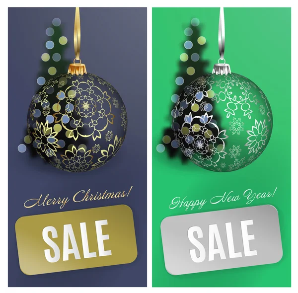 Vector Christmas card set sale background with ball, stripe, blurred christmas tree. Vector EPS10 — Διανυσματικό Αρχείο