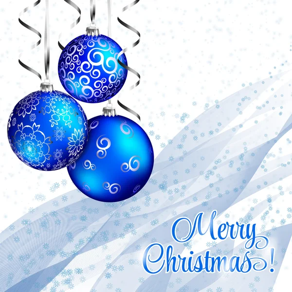 Рождественская винтажная открытка. Векторный белый фон с синими шарами, снежинками и серебряными полосками — стоковый вектор