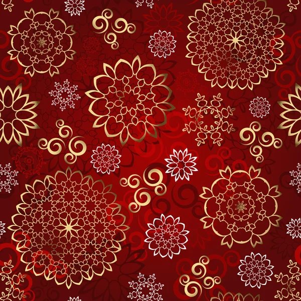 Fond vectoriel motif sans couture de Noël à partir de flocons de neige multicolores et formes ornements sur fond rouge pour papier d'emballage, textile ou carte — Image vectorielle