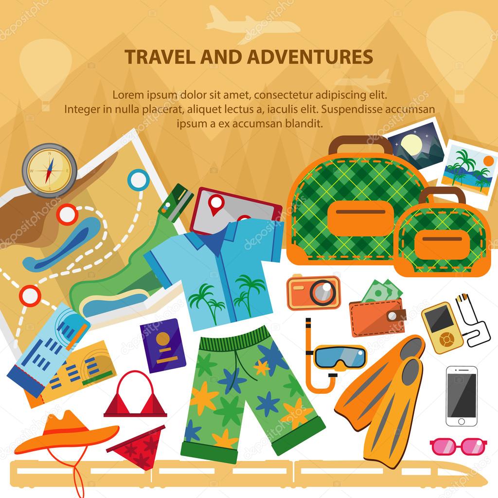 Flat icons set of traveling, planning a summer vacation, tourism and journey objects and passenger luggage. Eps10