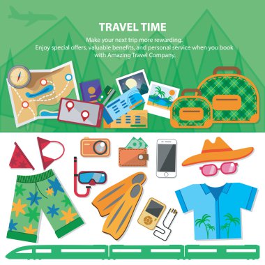 Zamanda yolculuk. Düz stil seyahat blog Icon set. Tatil tatil kavramı.