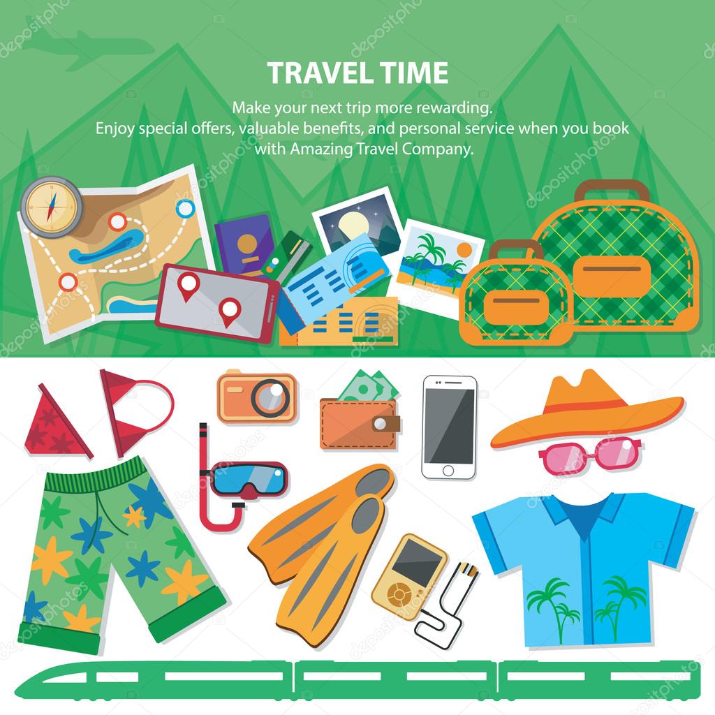 Travel time.  Flat style travel blog icon set. Holiday vacation concept.