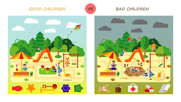 Listos. Niños jugando en el patio. Balanceo y deslizamiento de niños. Estilo plano vector ilustración de dibujos animados . — Vector de stock