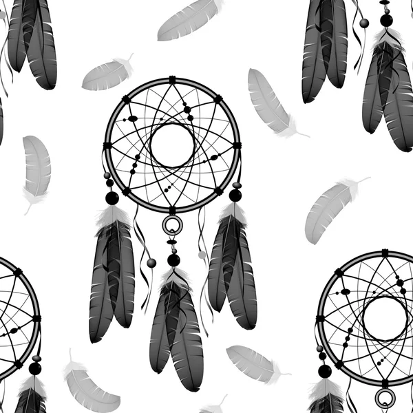 Traumfänger nahtloses Muster. Indische Traumfänger, Federn. weißer Hintergrund — Stockvektor