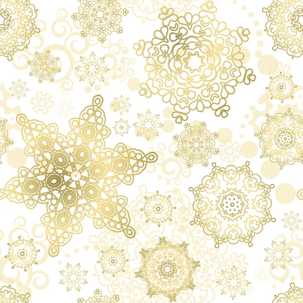 Seamless Cristmas background. Vector  New Year pattern. Gold snowflakes on the green backdrop.