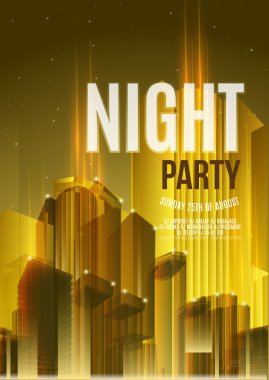 Night Party Yellow Vector Flyer Template - EPS10 Design. Polygonal graphic. Abstract urban background.
