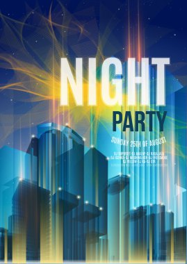 Night Party Blue Vector Flyer Template - EPS10 Design. Polygonal graphic. Abstract urban background.