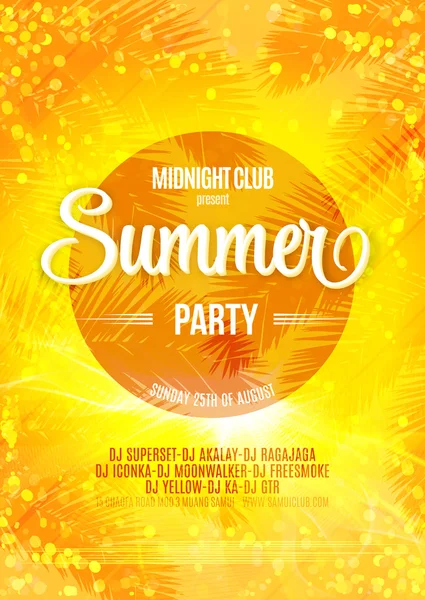 Summer Party bright poster on a bokeh backdrop, happy vacation card. — Stockvector