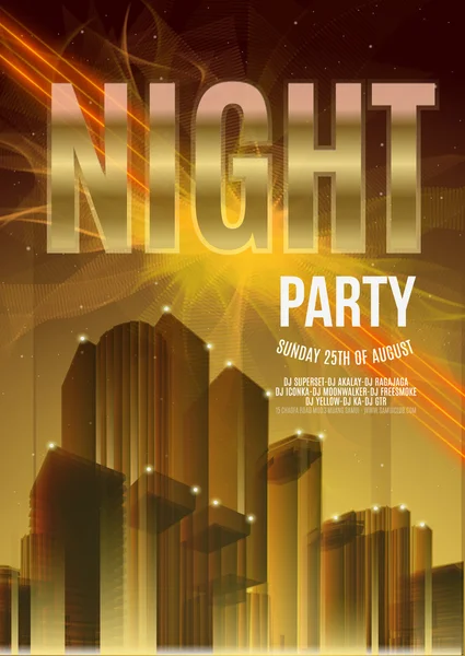 Night Party Gold Vector Flyer Șablon EPS10 Design. Grafica poligonală. Fundal urban abstract . — Vector de stoc